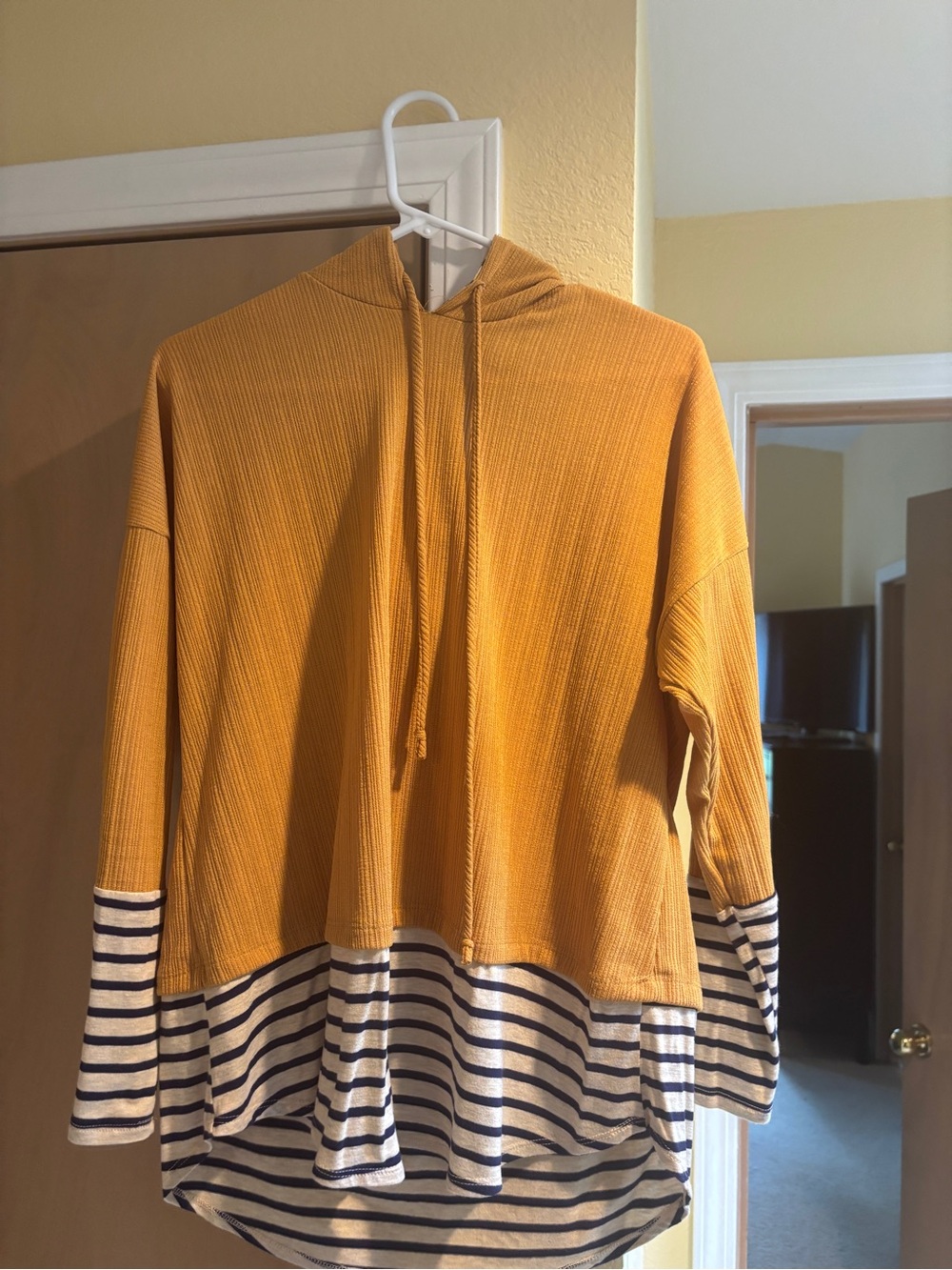 Pink Lily Mustard Hooded Waffle Knit Top with Navy Stripe Hem
